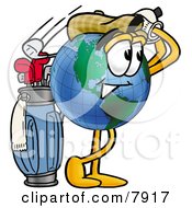 Poster, Art Print Of World Earth Globe Mascot Cartoon Character Swinging His Golf Club While Golfing