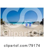 Royalty Free RF Clipart Illustration Of A Pair Of Blue Beach Chairs Under A 3d Parasol On A Tropical Beach