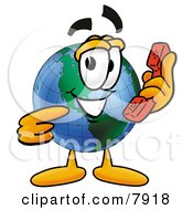 Poster, Art Print Of World Earth Globe Mascot Cartoon Character Holding A Telephone