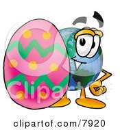 Poster, Art Print Of World Earth Globe Mascot Cartoon Character Standing Beside An Easter Egg