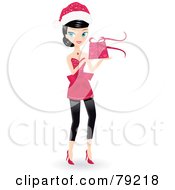 Poster, Art Print Of Black Haired Christmas Woman Wearing A Dress And Santa Hat And Holding A Gift