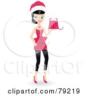 Poster, Art Print Of Black Haired Christmas Woman Wearing A Santa Hat And Holding A Gift
