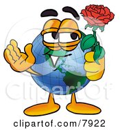 World Earth Globe Mascot Cartoon Character Holding A Red Rose On Valentines Day