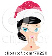 Black Haired Blue Eyed Christmas Woman Touching Her Face And Wearing A Santa Hat