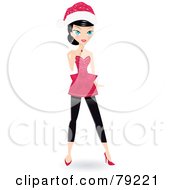 Poster, Art Print Of Black Haired Christmas Woman Wearing A Santa Hat And A Pink Dress