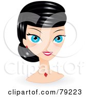 Poster, Art Print Of Beautiful Black Haired Blue Eyed Woman Wearing Her Hair In A Bun And Wearing Ruby Jewelry