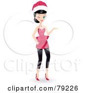 Poster, Art Print Of Black Haired Christmas Woman Wearing A Santa Hat Winking And Presenting