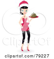Poster, Art Print Of Black Haired Christmas Woman Wearing A Santa Hat And A Serving A Holiday Cake