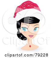 Black Haired Blue Eyed Christmas Woman Glancing Left And Wearing A Santa Hat