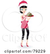 Poster, Art Print Of Black Haired Christmas Woman Wearing A Santa Hat And Carrying A Christmas Cake