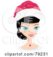 Black Haired Blue Eyed Christmas Woman Wearing A Santa Hat