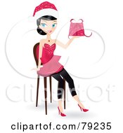 Poster, Art Print Of Black Haired Christmas Woman Wearing A Santa Hat Sitting And Holding A Present