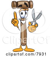 Mallet Mascot Cartoon Character Holding A Pair Of Scissors