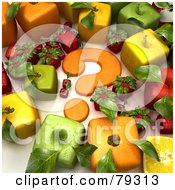 Royalty Free RF Clipart Illustration Of A Group Of 3d Cubic Genetically Modified Fruits Around An Orange Question Mark Version 2 by Frank Boston