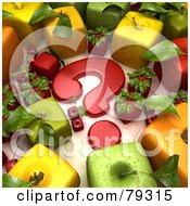 Royalty Free RF Clipart Illustration Of A Group Of 3d Cubic Genetically Modified Fruits Around A Red Question Mark Version 3 by Frank Boston