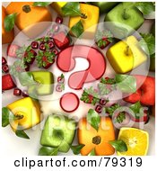 Group Of 3d Cubic Genetically Modified Fruits Around A Red Question Mark - Version 1