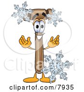 Clipart Picture Of A Mallet Mascot Cartoon Character With Three Snowflakes In Winter