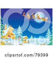 Poster, Art Print Of Santas Magic Sleigh And Reindeer Flying Over A Winter House
