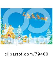 Poster, Art Print Of Santas Sleigh And Magic Reindeer Flying Over A Winter House