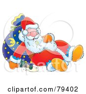 Poster, Art Print Of Snoozing Cartoon Santa Leaning Against His Sack With A Spilled Bottle Of Bubbly