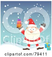 Poster, Art Print Of Santa Standing In The Snow And Holding Up A Stack Of Gifts