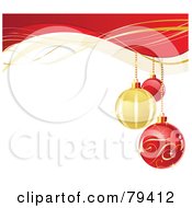 Poster, Art Print Of Christmas Background With Three Red And Golden Baubles Over White With An Upper Border Of Red And Gold Waves