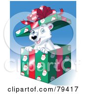 Poster, Art Print Of Happy Christmas Polar Bear Popping Out Of A Gift Box With Santa Wrapping Paper