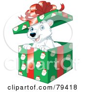 Poster, Art Print Of Happy Polar Bear Popping Out Of A Christmas Gift Box With Santa Wrapping Paper