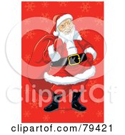 Poster, Art Print Of Asian Santa Claus Carrying His Sack Over A Red Snowflake Background
