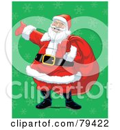 Poster, Art Print Of Caucasian Santa Laughing And Carrying His Toy Sack Over A Green Snowflake Background