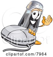 Clipart Picture Of A Pepper Shaker Mascot Cartoon Character With A Computer Mouse