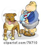 Poster, Art Print Of Fat Man Standing With His Leashed Pit Bull Dog