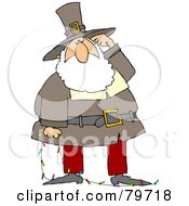 Poster, Art Print Of Father Christmas In A Pilgrim Suit Scratching His Head And Holding A Strand Of Christmas Lights