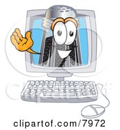 Clipart Picture Of A Pepper Shaker Mascot Cartoon Character Waving From Inside A Computer Screen