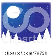 Poster, Art Print Of White Silhouetted Trees On Hills Under A Starry Blue Sky With A Full Moon