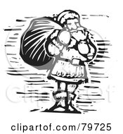 Royalty Free RF Clipart Illustration Of A Black And White Carved Santa Carrying A Sack