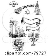Digital Collage Of Carved Black And White Banners Candles Santa Menorah Christmas Tree Star Of David And Angel
