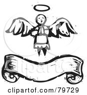 Poster, Art Print Of Black And White Praying Angel Over A Banner With A Carved Texture