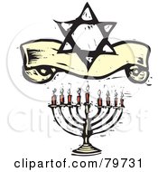 Poster, Art Print Of Carved Menorah Under A Star Of David And Banner