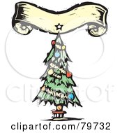 Royalty Free RF Clipart Illustration Of A Carved Trimmed Christmas Tree Under A Yellow Banner