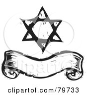 Royalty Free RF Clipart Illustration Of A Black And White Carved Star Of David Over A Blank Banner