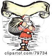 Royalty Free RF Clipart Illustration Of A Carved Santa Carrying A Sack Under A Yellow Banner by xunantunich #COLLC79734-0119
