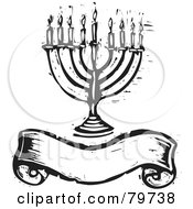 Royalty Free RF Clipart Illustration Of A Black And White Carved Menorah Over A Blank Banner by xunantunich