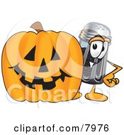 Pepper Shaker Mascot Cartoon Character With A Carved Halloween Pumpkin