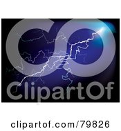 Royalty Free RF Clipart Illustration Of A Bolt Of Lightning Shining On A Blue And Black Background by michaeltravers