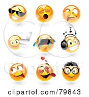 Digital Collage Of 3d Emoticon Faces Cool Yawning Goofy Thumbs Up Crying Music Teasing Amorous And Nerd