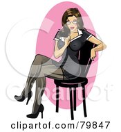 Sexy Brunette Secretary Pinup Woman Sitting In A Black Dress