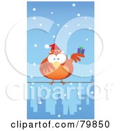 Poster, Art Print Of Chubby Orange Christmas Bird Wearing A Santa Hat And Holding A Present Perched On A City Wire In The Snow