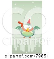 Chubby Green Christmas Bird Wearing A Santa Hat And Scarf Perched On A City Wire In The Snow