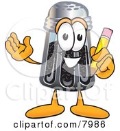 Pepper Shaker Mascot Cartoon Character Holding A Pencil
